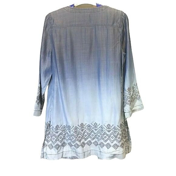 Chicos 0 US 4 Dip Dye Chambray Tunic Jacket Blue Ombre Embroidered Open Front - Picture 4 of 12